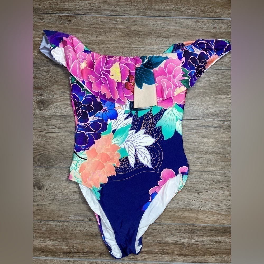 Trina Turk Opulent Oasis Off Shoulder Ruffle Bandeau One Piece Swimsuit - Picture 11 of 14